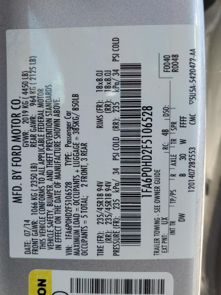 2015 Ford Fusion Se VIN: 1FA6P0HD2F5106528 Lot: 60088474