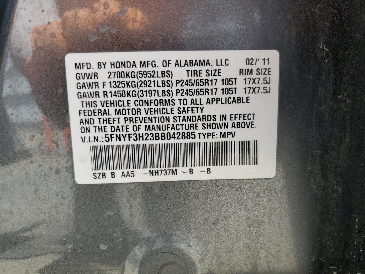 2011 Honda Pilot Lx VIN: 5FNYF3H23BB042885 Lot: 60349144