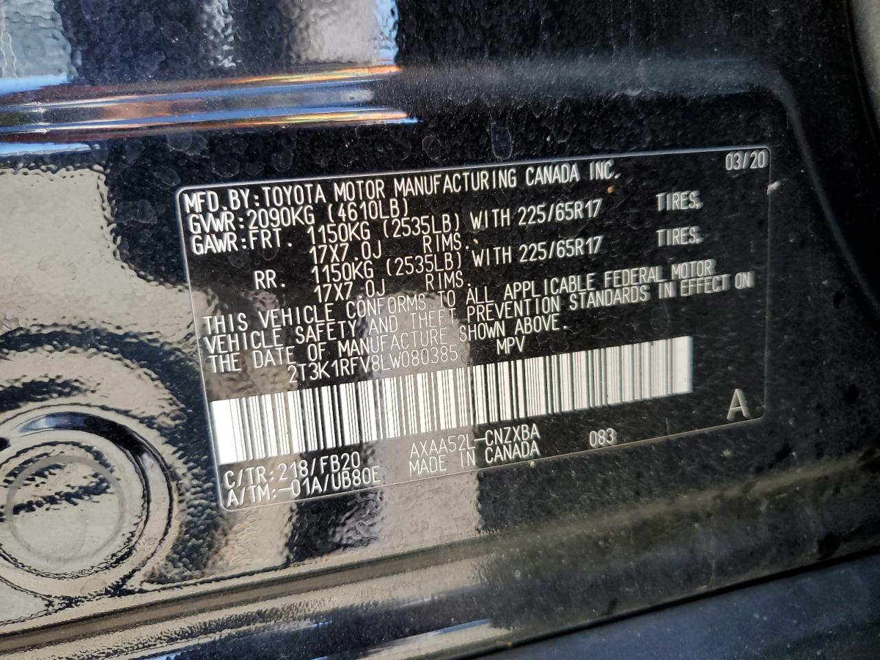 2020 Toyota Rav4 Le VIN: 2T3K1RFV8LW080385 Lot: 60769474