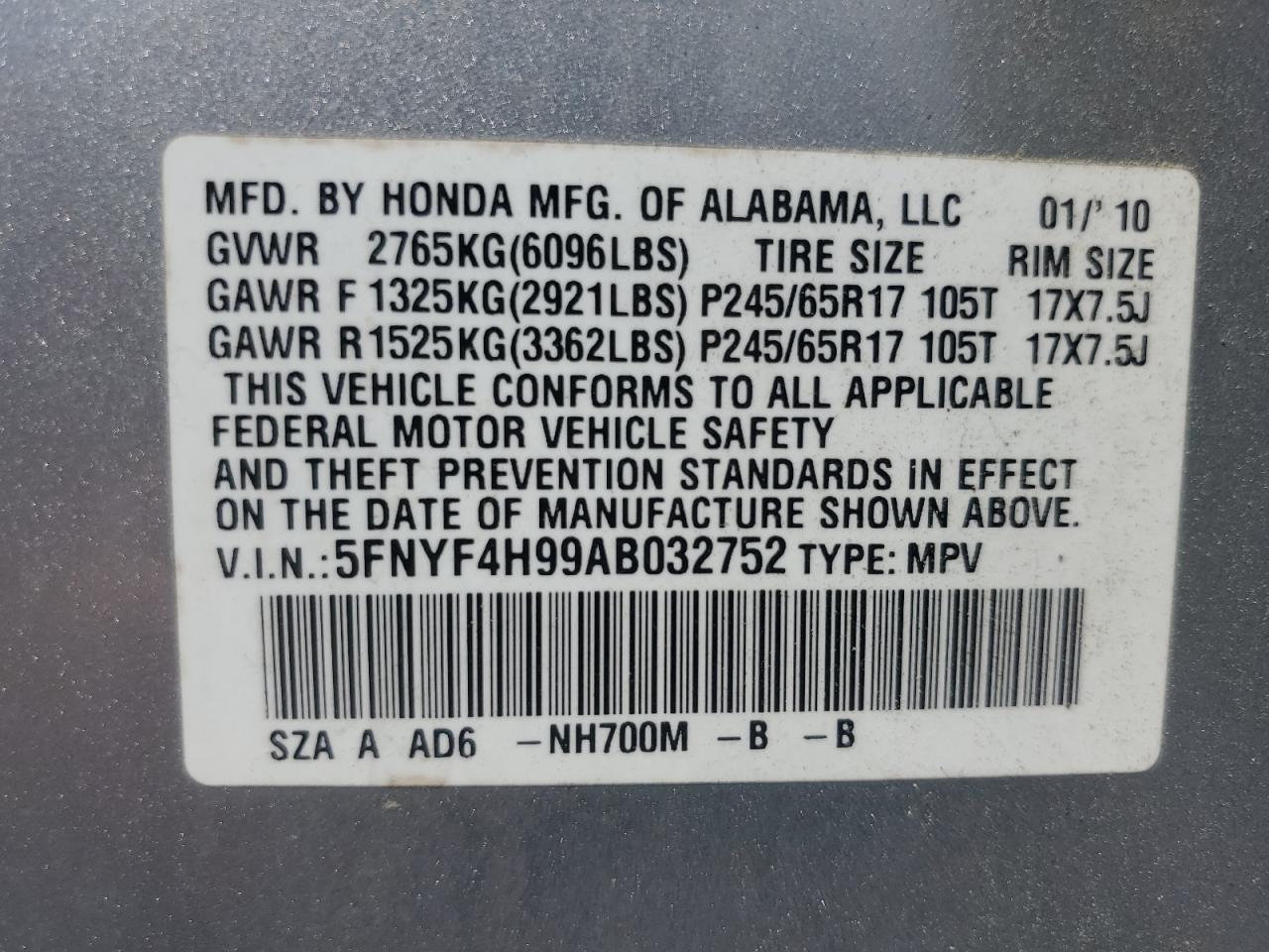 2010 Honda Pilot Touring VIN: 5FNYF4H99AB032752 Lot: 60271584
