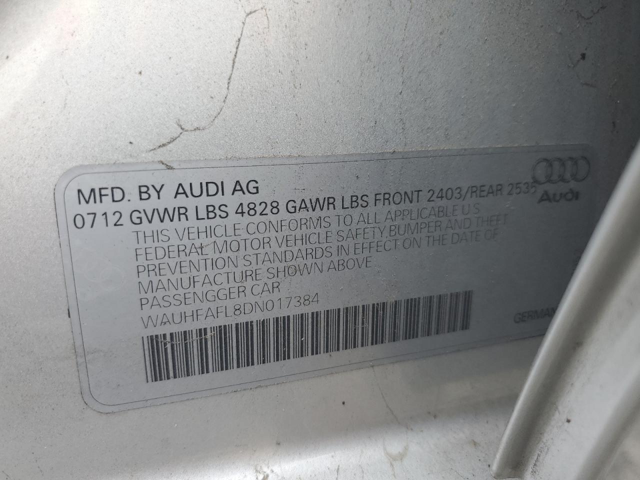 2013 Audi A4 Premium Plus VIN: WAUHFAFL8DN017384 Lot: 59986784