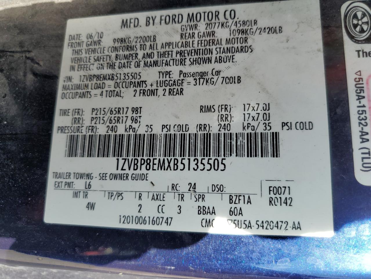 2011 Ford Mustang VIN: 1ZVBP8EMXB5135505 Lot: 59643914