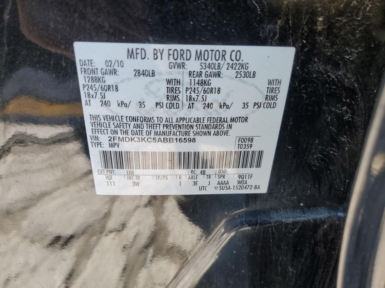 2010 Ford Edge Limited VIN: 2FMDK3KC5ABB16598 Lot: 57872004