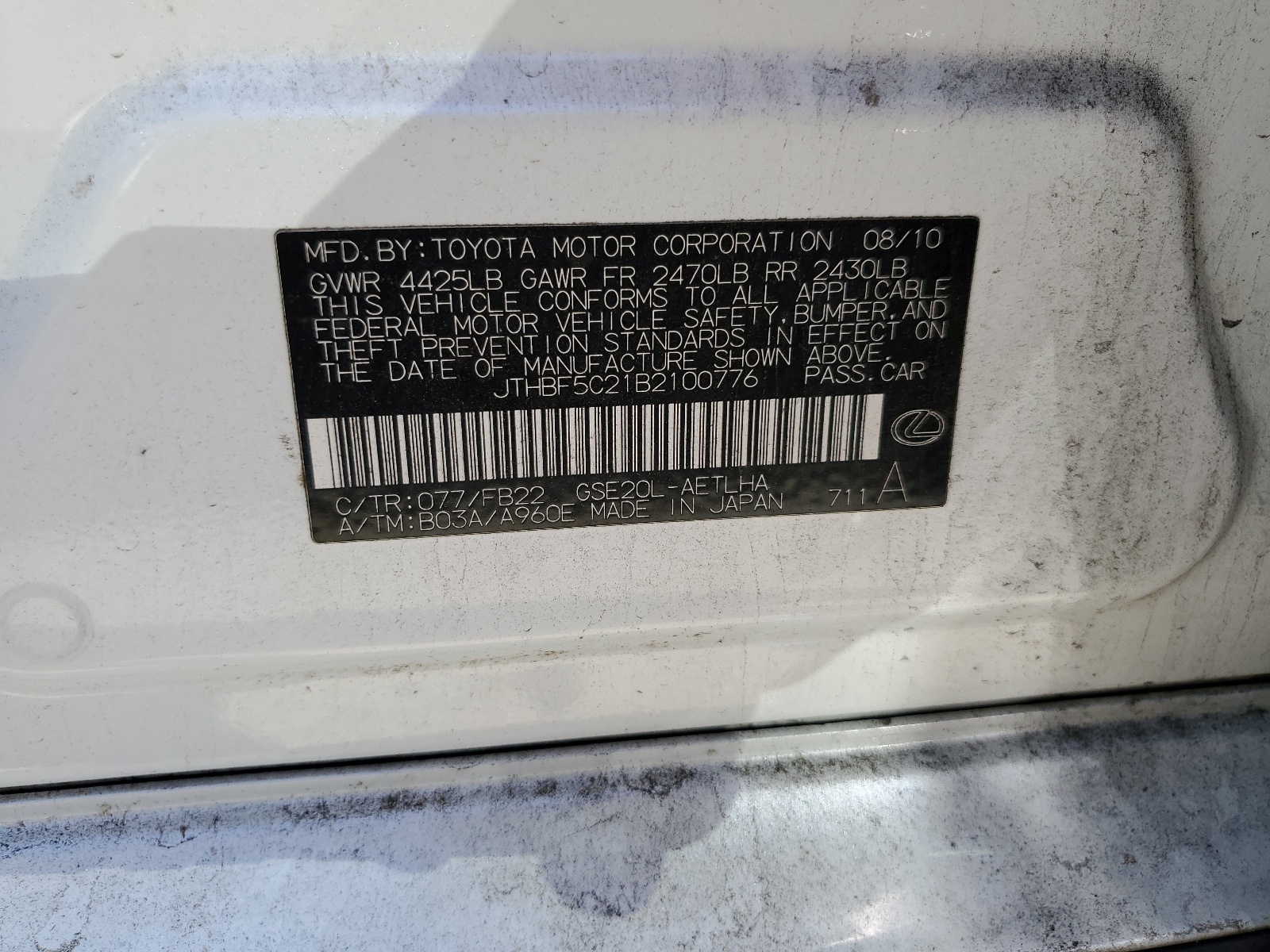 JTHBF5C21B2100776 2011 Lexus Is 250