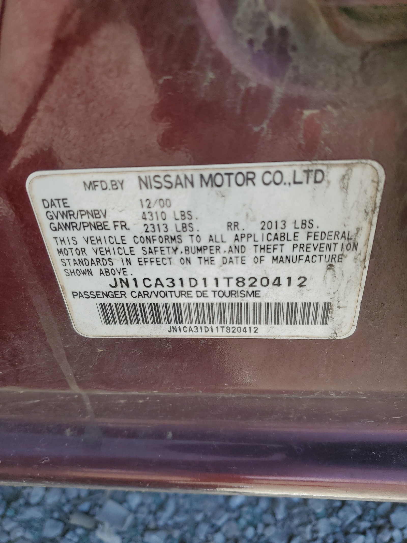 JN1CA31D11T820412 2001 Nissan Maxima Gxe