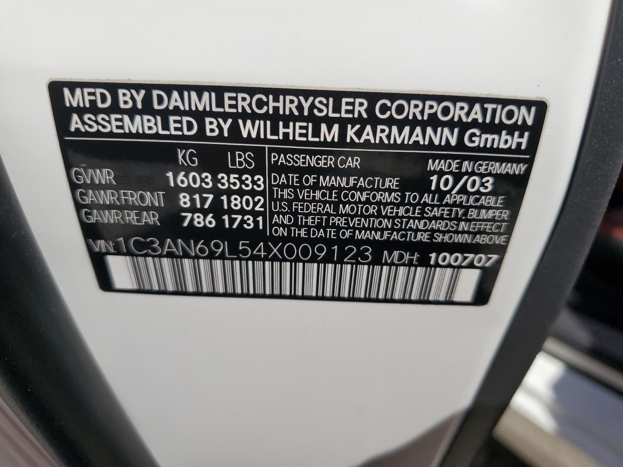 2004 Chrysler Crossfire Limited VIN: 1C3AN69L54X009123 Lot: 58705624