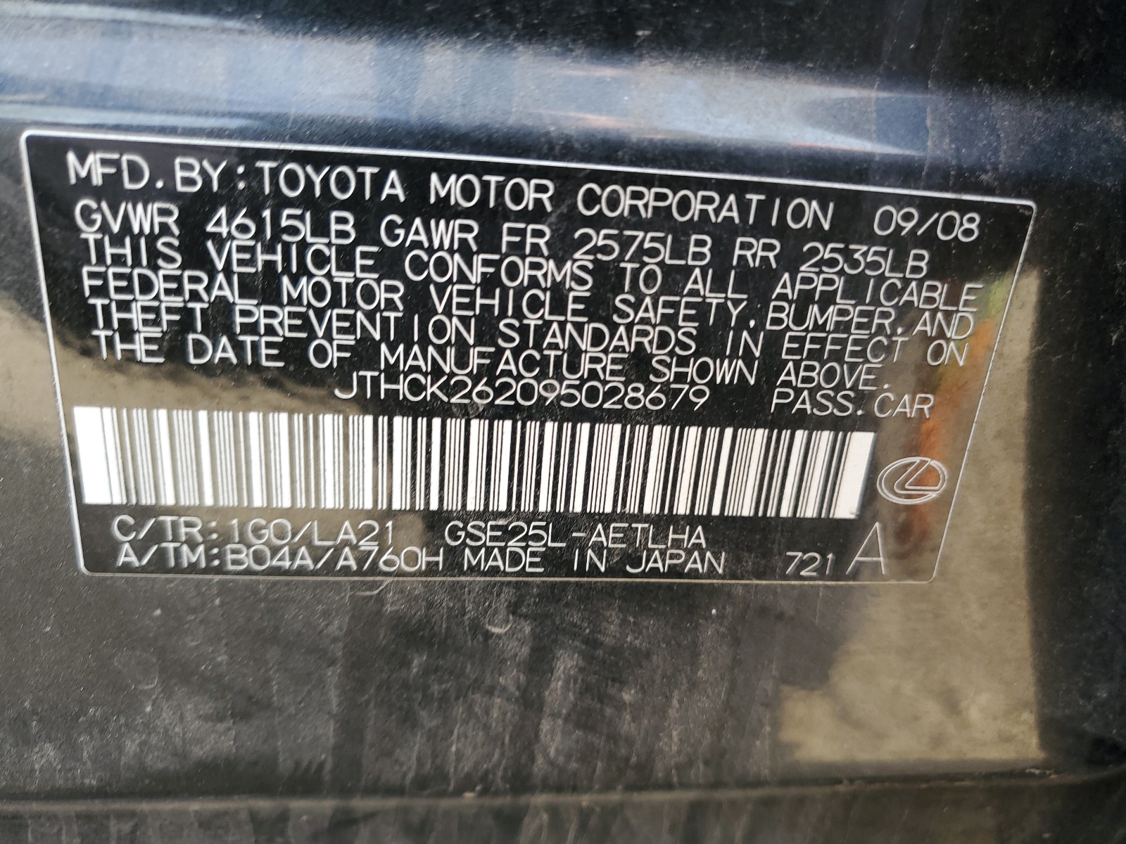 JTHCK262095028679 2009 Lexus Is 250