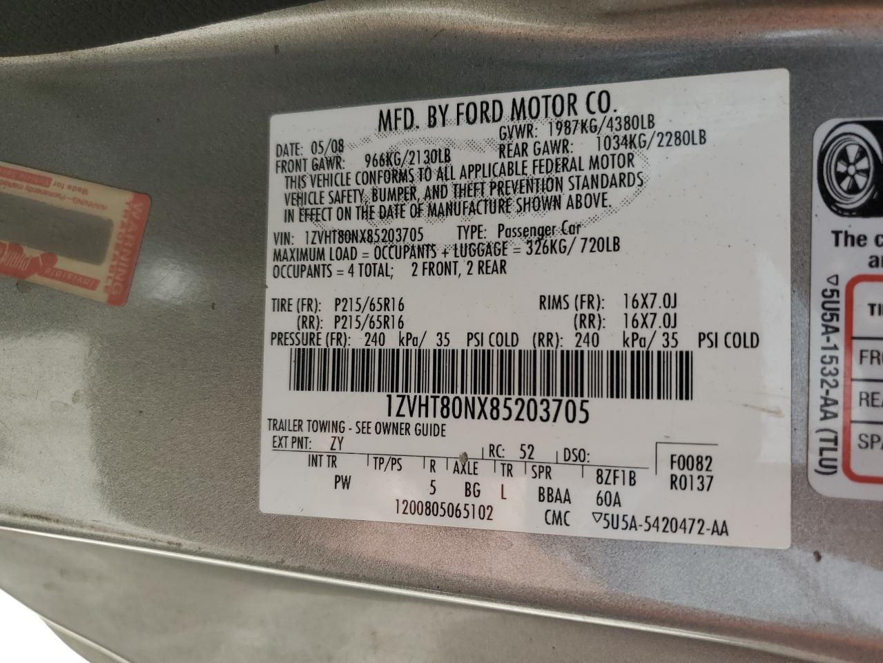 2008 Ford Mustang VIN: 1ZVHT80NX85203705 Lot: 60109544