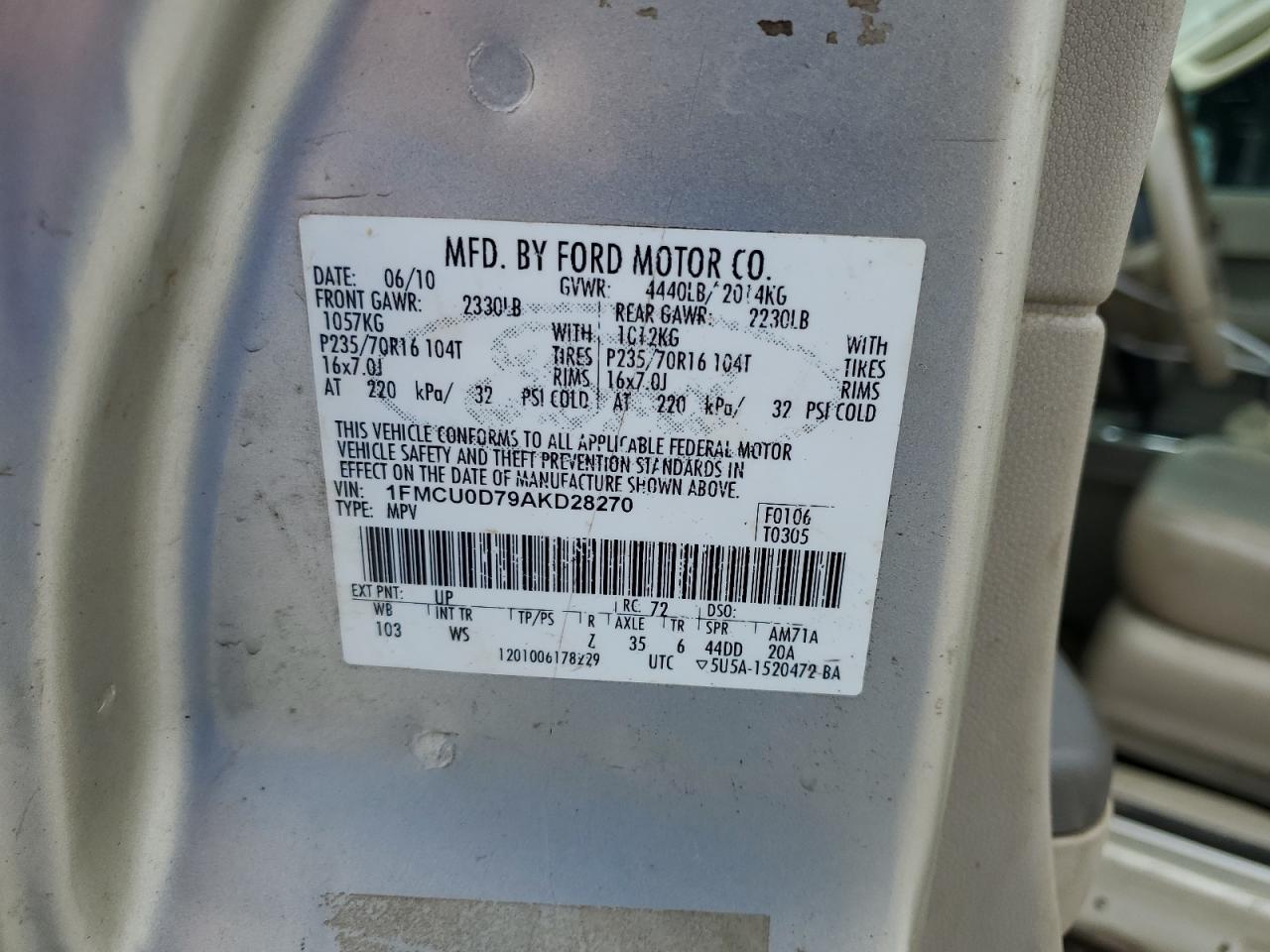 1FMCU0D79AKD28270 2010 Ford Escape Xlt