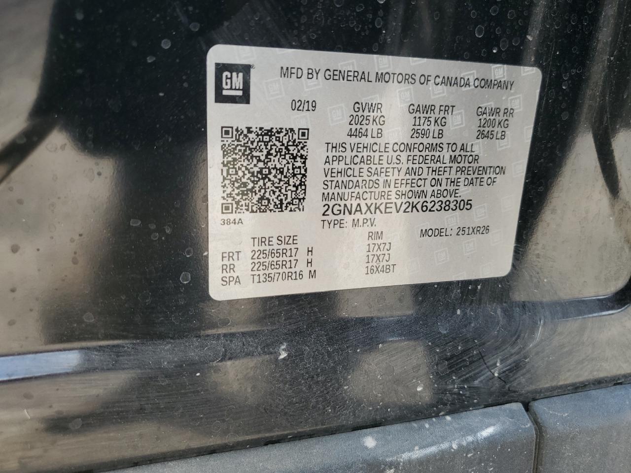 2019 Chevrolet Equinox Lt VIN: 2GNAXKEV2K6238305 Lot: 57515614