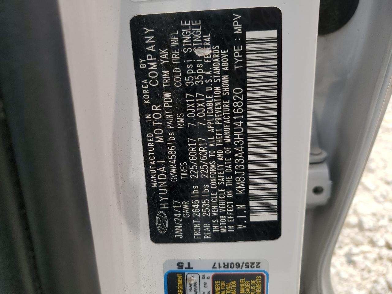 2017 Hyundai Tucson Limited VIN: KM8J33A43HU416820 Lot: 57349184