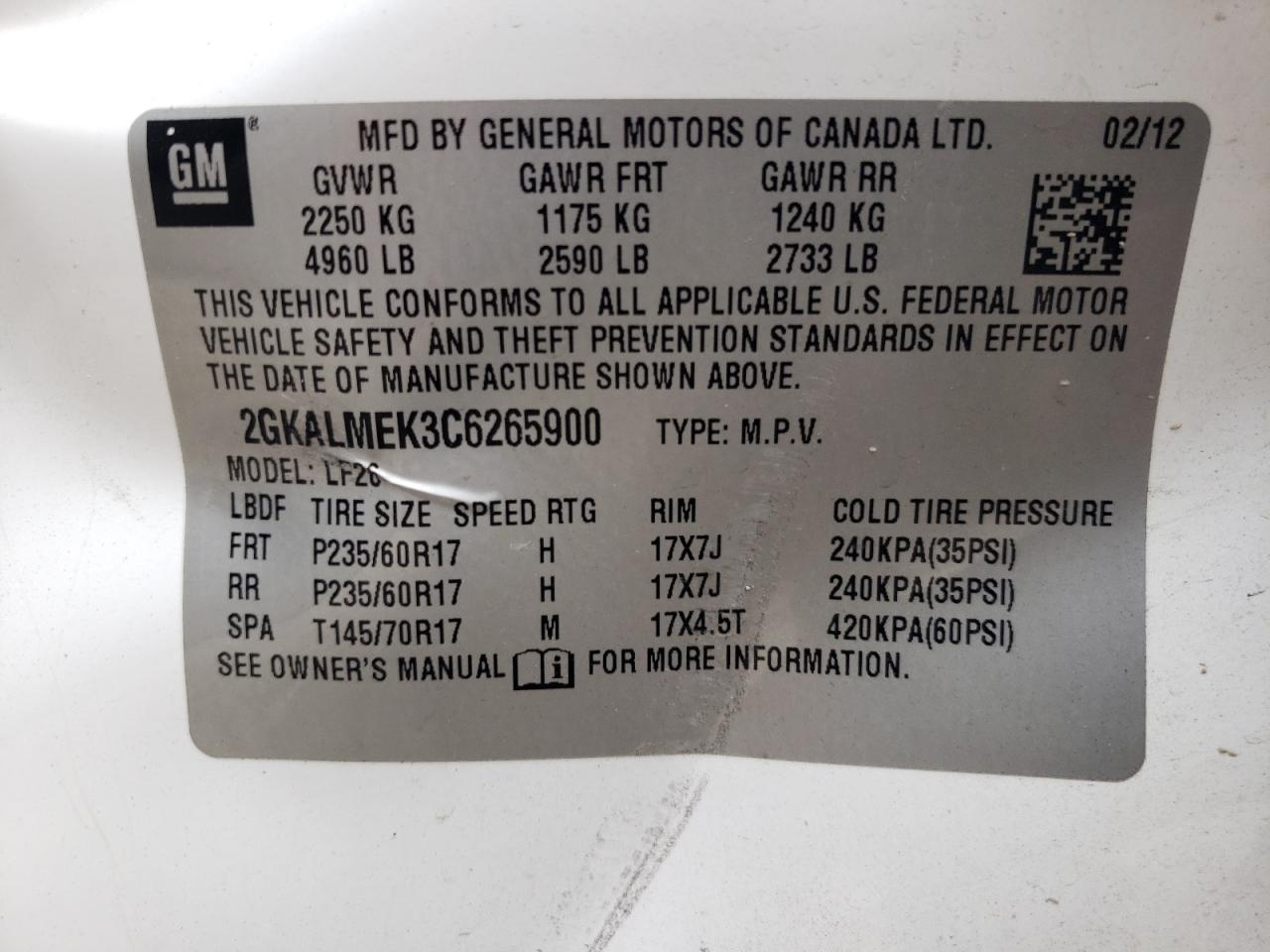 2012 GMC Terrain Sle VIN: 2GKALMEK3C6265900 Lot: 60620104