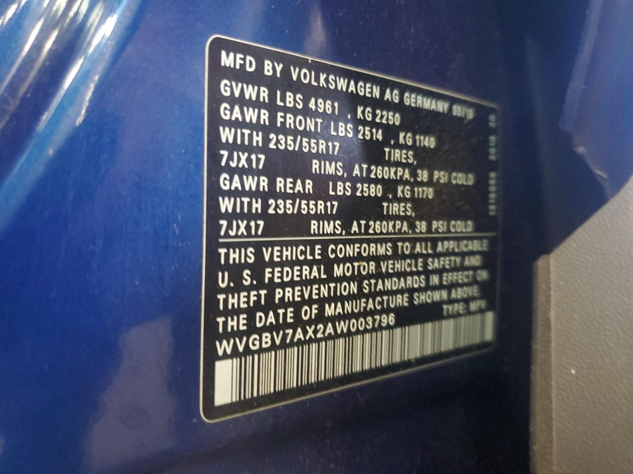 2010 Volkswagen Tiguan Se VIN: WVGBV7AX2AW003796 Lot: 61037204