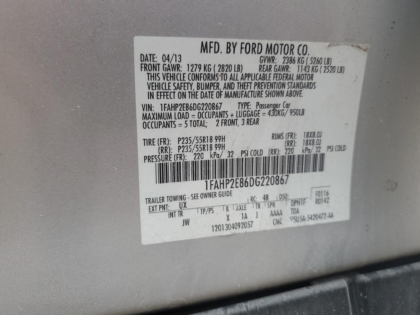 1FAHP2E86DG220867 2013 Ford Taurus Sel