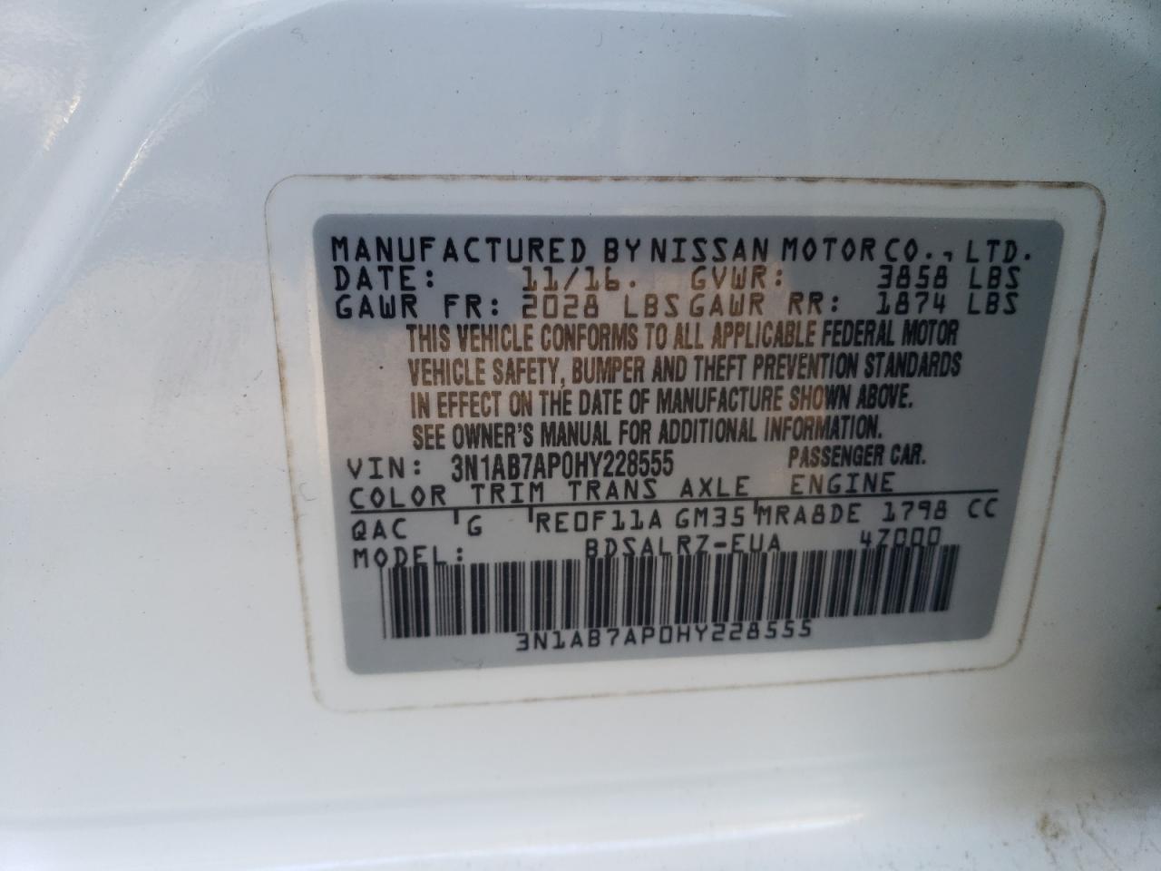 3N1AB7AP0HY228555 2017 Nissan Sentra S