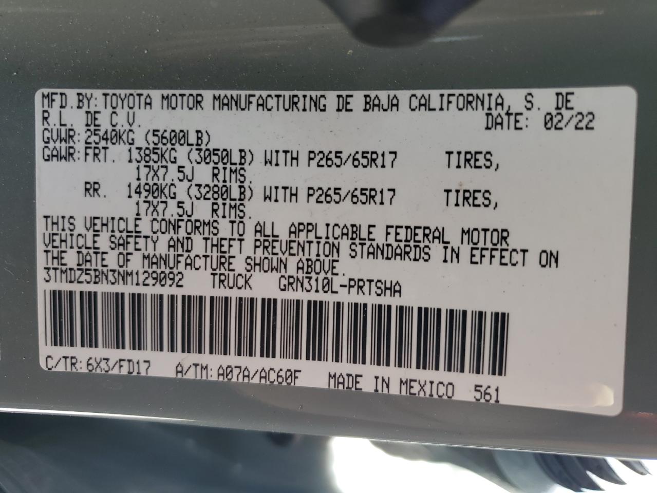 2022 Toyota Tacoma Double Cab VIN: 3TMDZ5BN3NM129092 Lot: 60720314