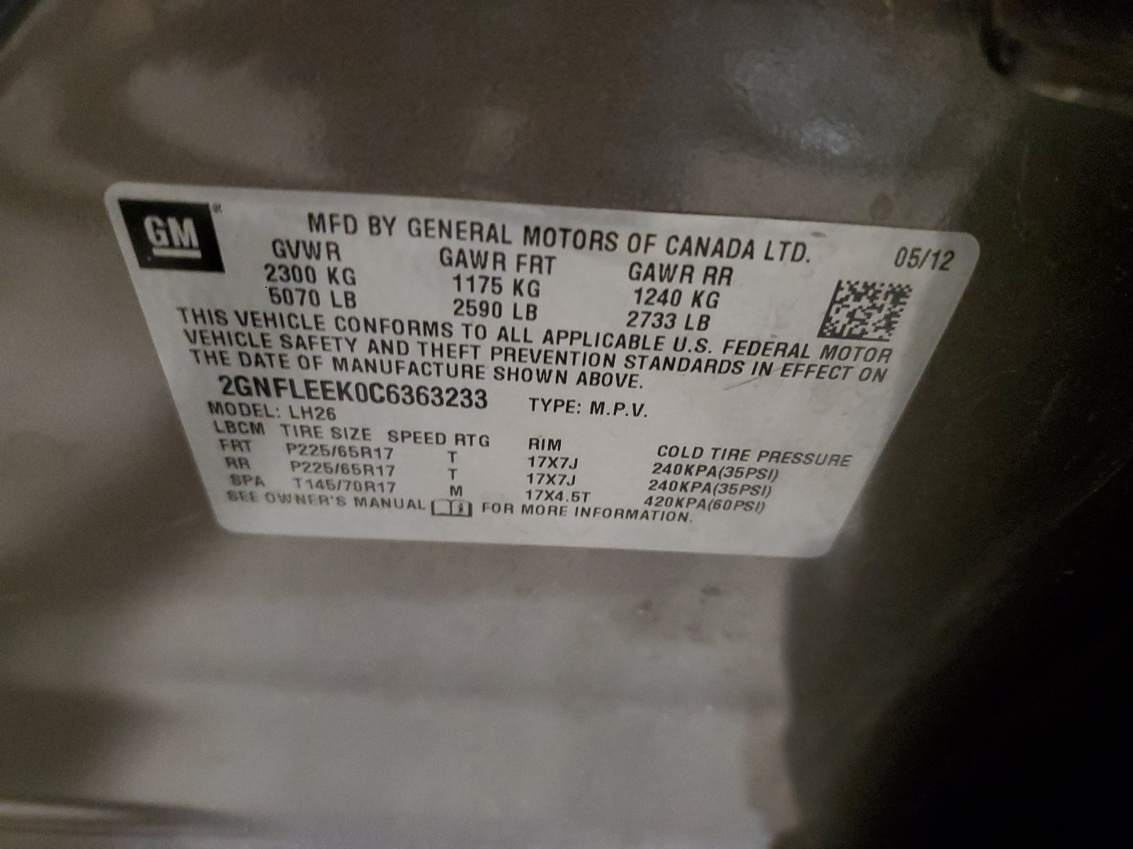 2GNFLEEK0C6363233 2012 Chevrolet Equinox Lt