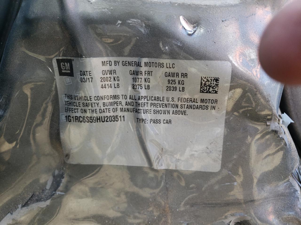 2017 Chevrolet Volt Lt VIN: 1G1RC6S59HU203511 Lot: 59163604