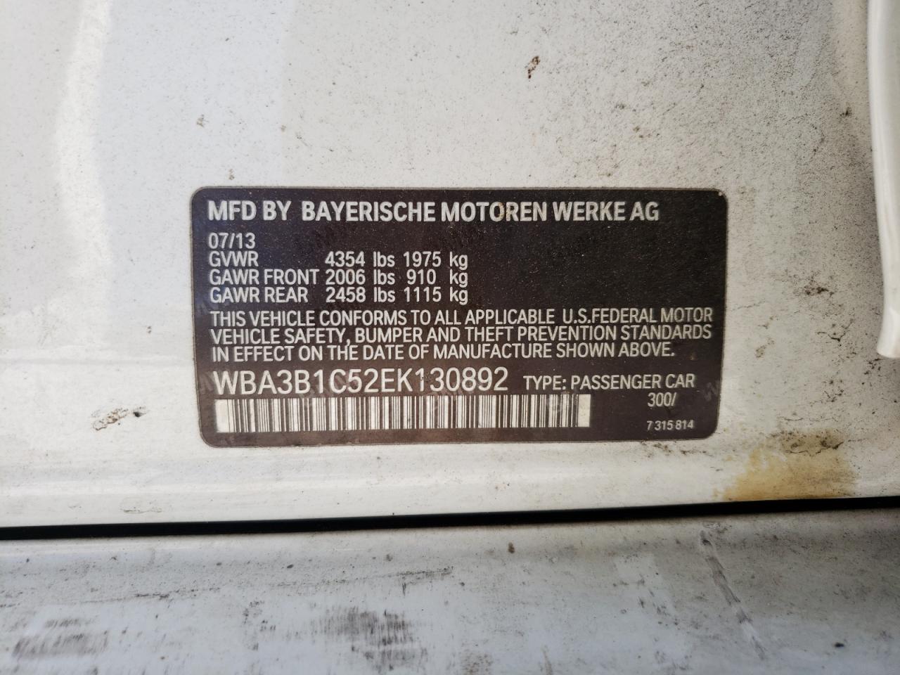 2014 BMW 320 I VIN: WBA3B1C52EK130892 Lot: 60214164