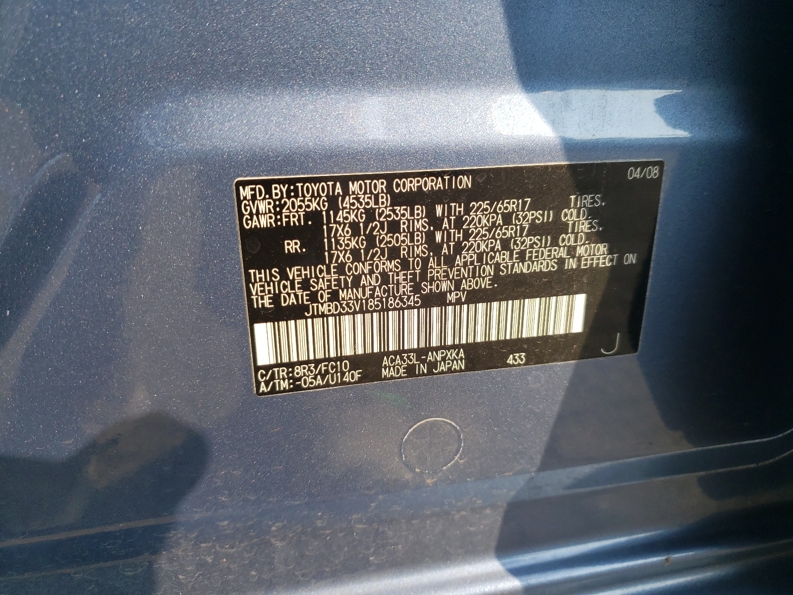 JTMBD33V185186345 2008 Toyota Rav4