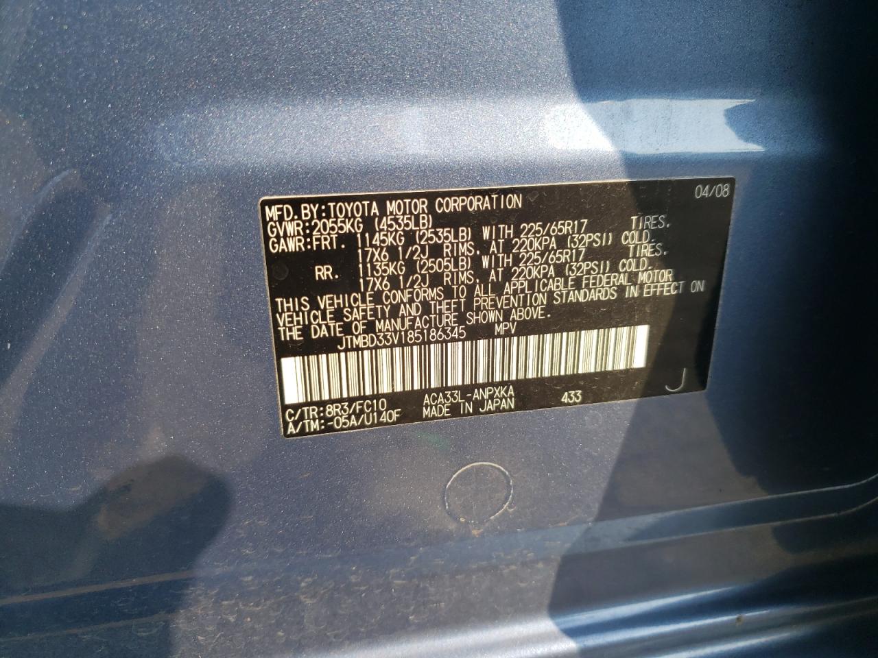 2008 Toyota Rav4 VIN: JTMBD33V185186345 Lot: 59662304