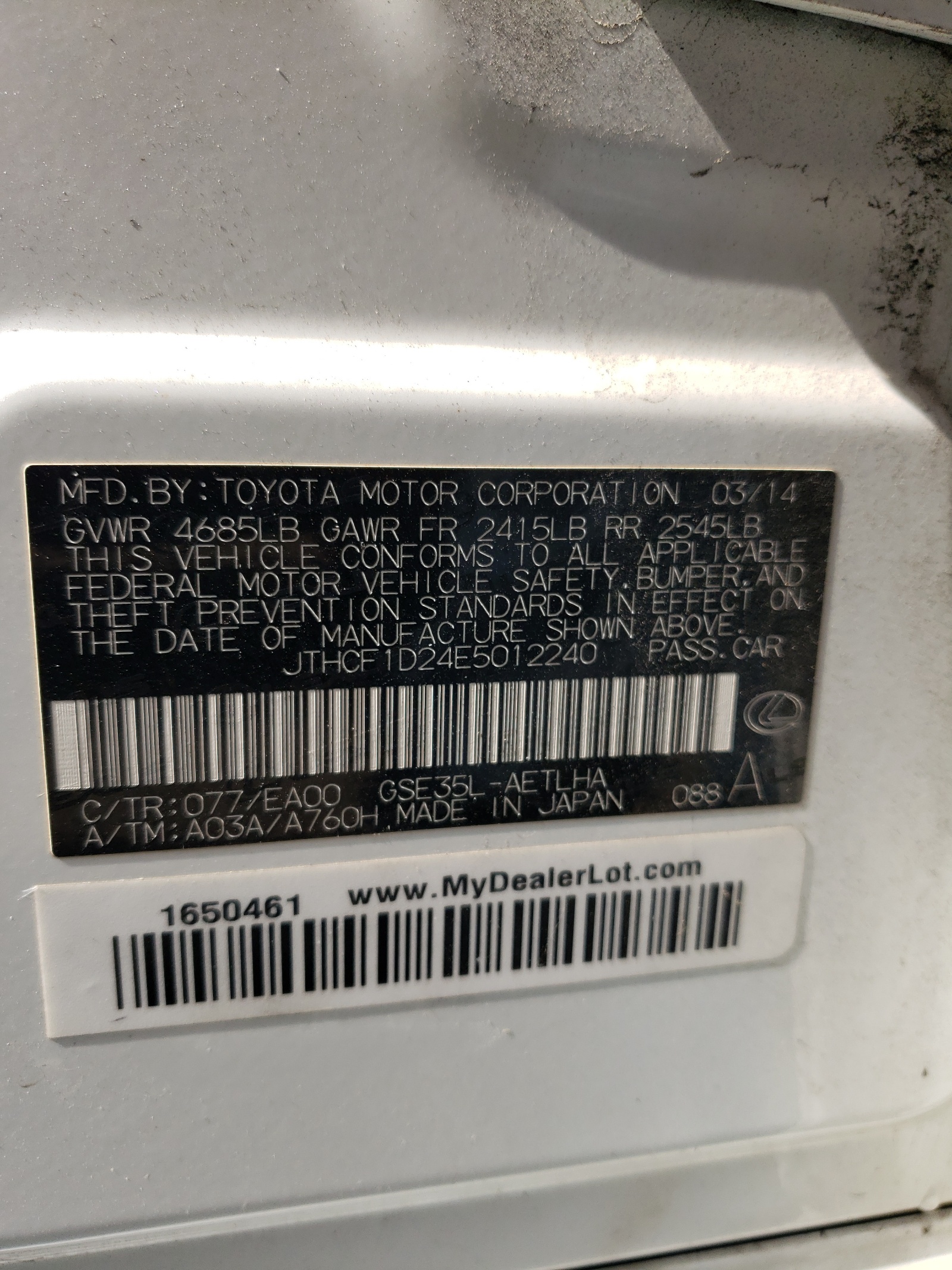 JTHCF1D24E5012240 2014 Lexus Is 250