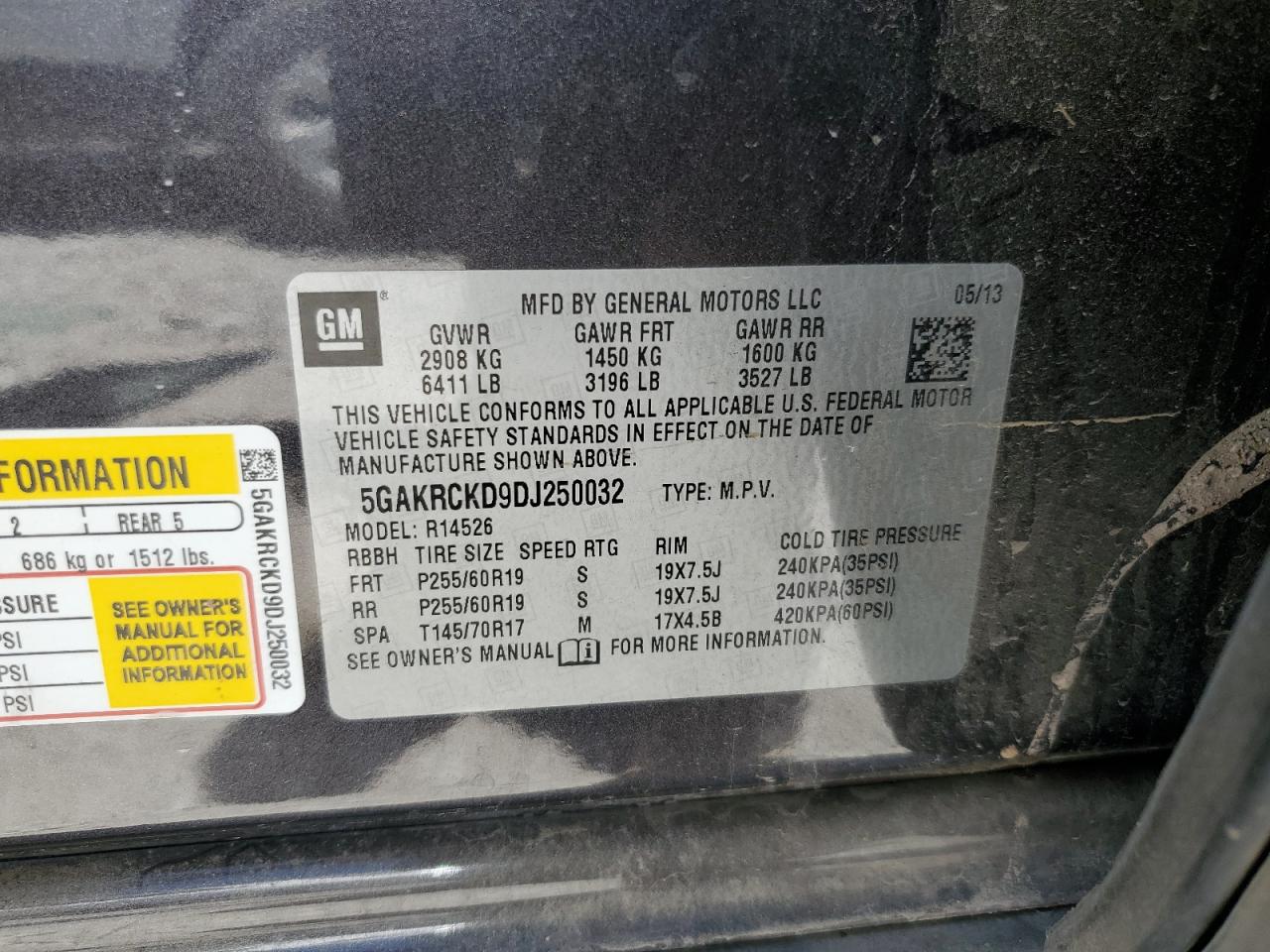 2013 Buick Enclave VIN: 5GAKRCKD9DJ250032 Lot: 55879834