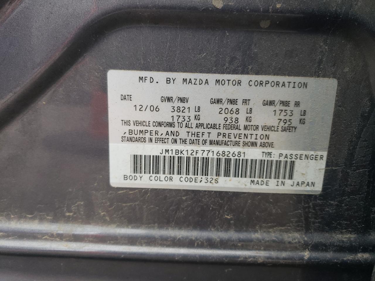 2007 Mazda 3 I VIN: JM1BK12F771682681 Lot: 60959124