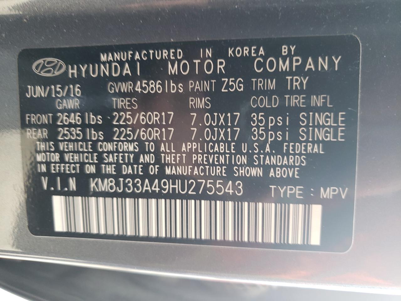 2017 Hyundai Tucson Limited VIN: KM8J33A49HU275543 Lot: 56903244