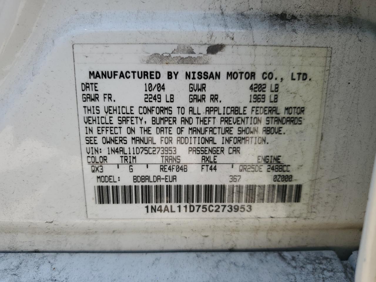 2005 Nissan Altima S VIN: 1N4AL11D75C273953 Lot: 60239854