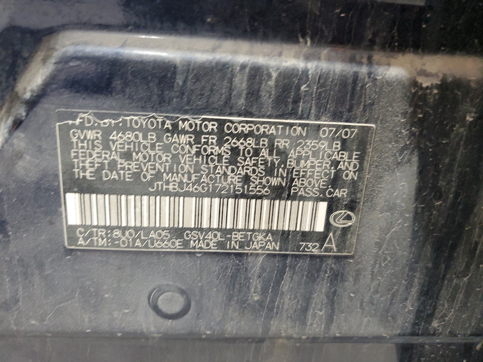 JTHBJ46G172151556 2007 Lexus Es 350