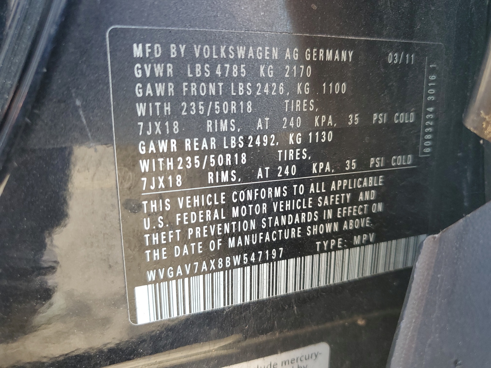 WVGAV7AX8BW547197 2011 Volkswagen Tiguan S