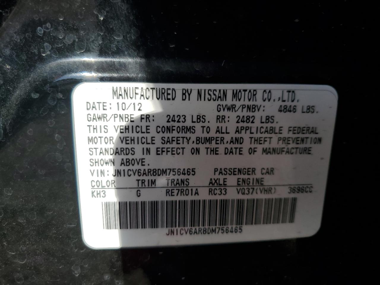 2013 Infiniti G37 VIN: JN1CV6AR8DM756465 Lot: 60383664