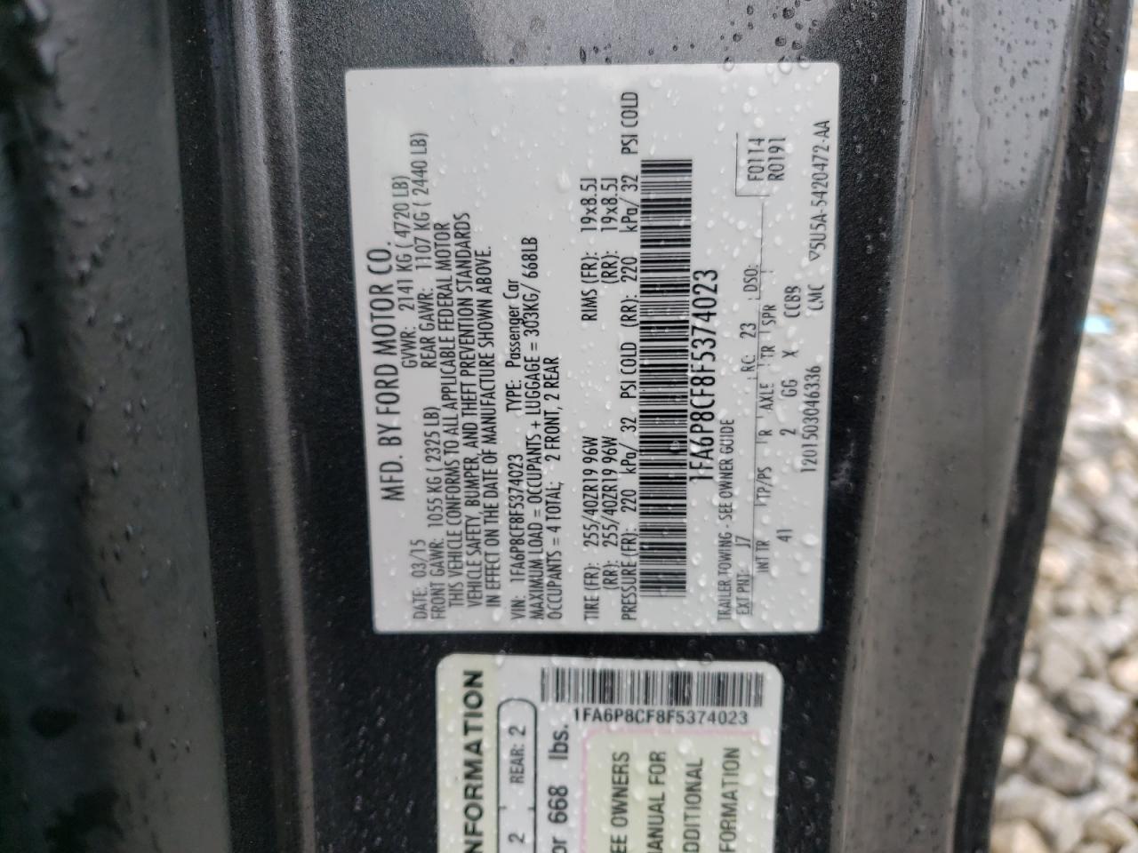 2015 Ford Mustang Gt VIN: 1FA6P8CF8F5374023 Lot: 57406154