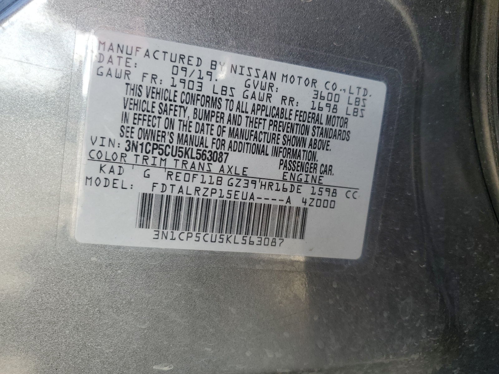 3N1CP5CU5KL563087 2019 Nissan Kicks S