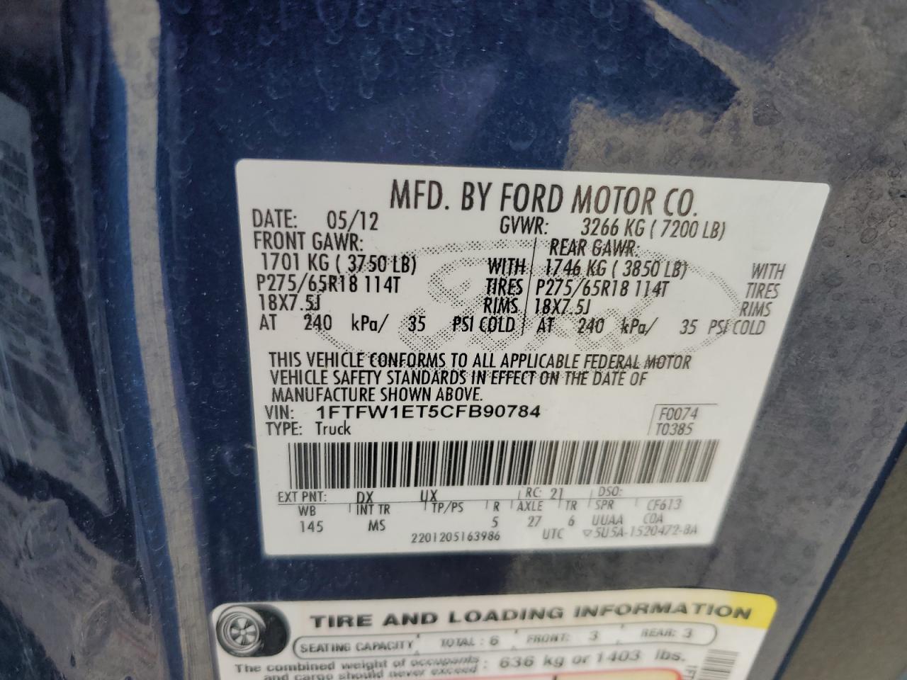 2012 Ford F150 Supercrew VIN: 1FTFW1ET5CFB90784 Lot: 59028954