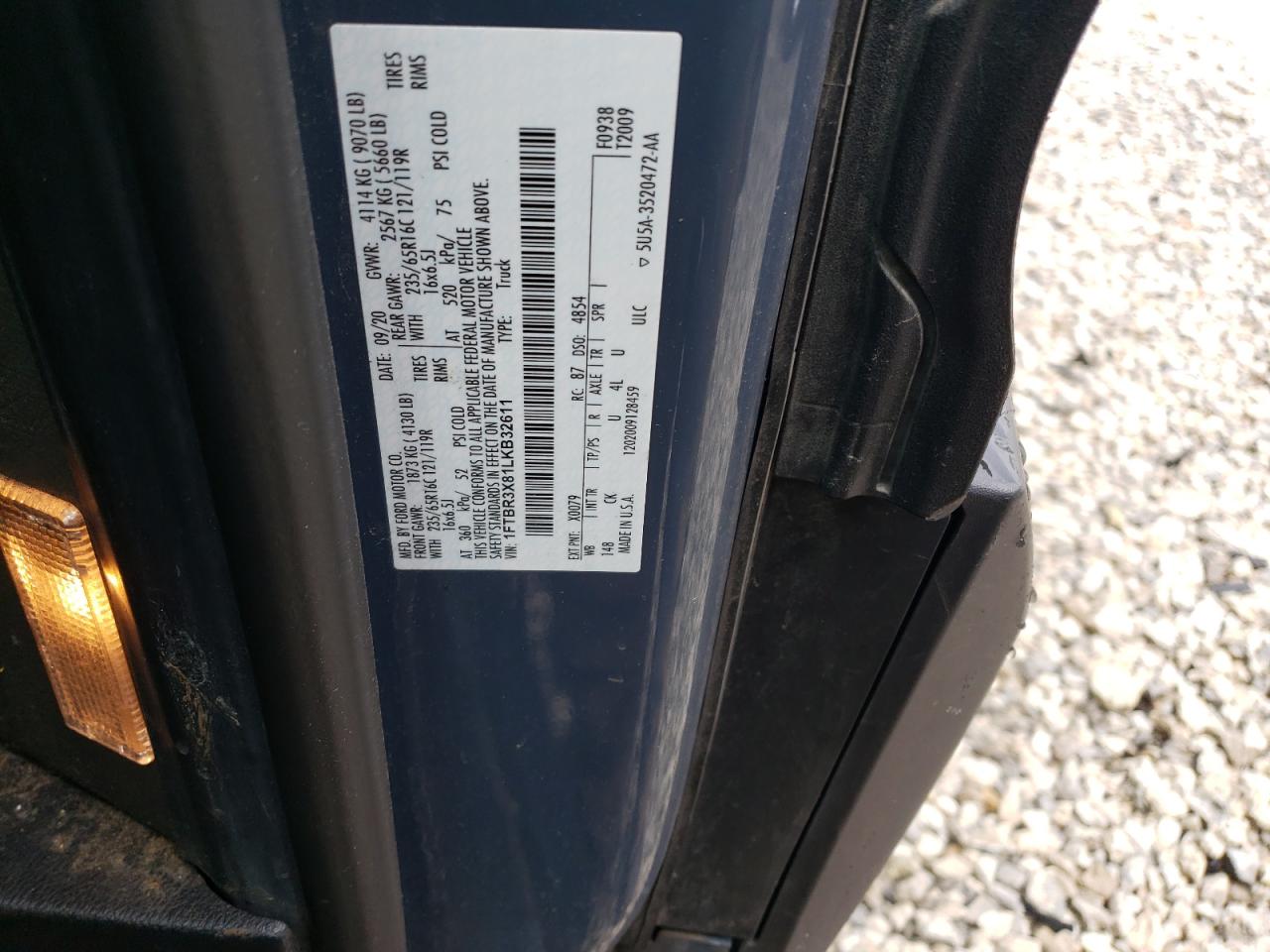 2020 Ford Transit T-250 VIN: 1FTBR3X81LKB32611 Lot: 60601284