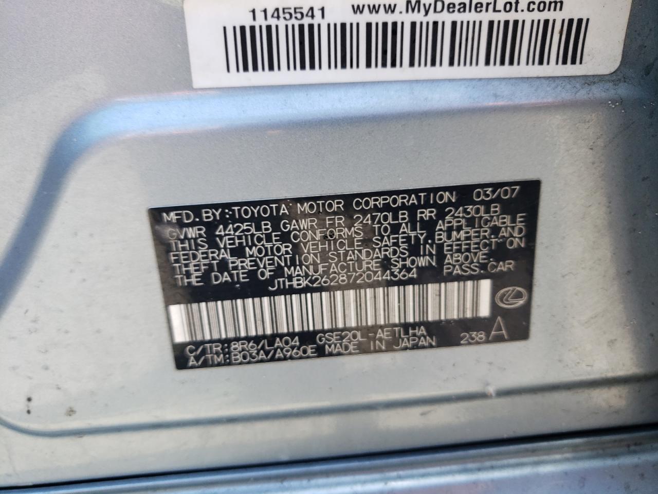 2007 Lexus Is 250 VIN: JTHBK262872044364 Lot: 59973914