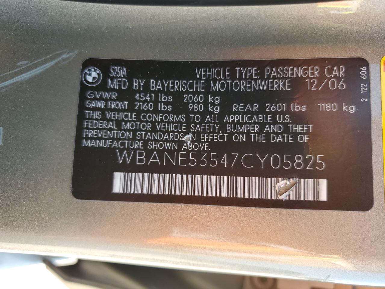 2007 BMW 525 I VIN: WBANE53547CY05825 Lot: 58322574