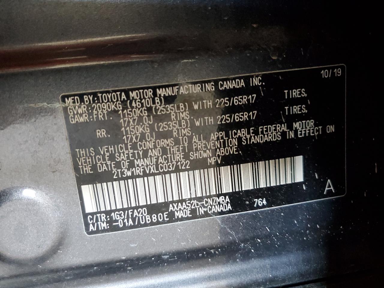 2020 Toyota Rav4 Xle VIN: 2T3W1RFVXLC037122 Lot: 59108624