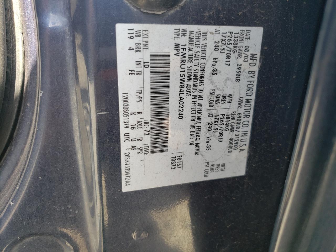 2004 Ford Expedition Xlt VIN: 1FMRU15W84LA02240 Lot: 58345254