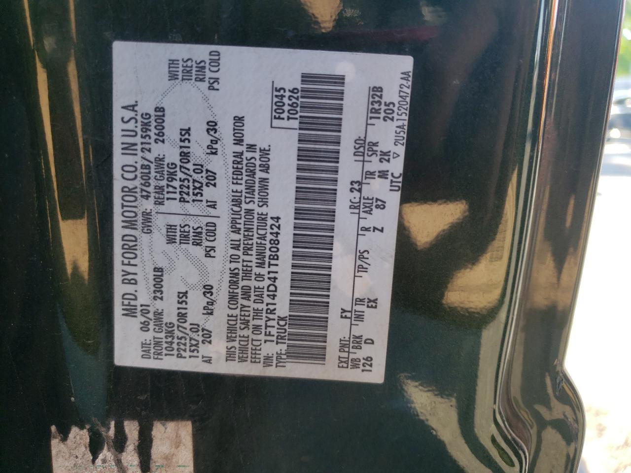 2001 Ford Ranger Super Cab VIN: 1FTYR14D41TB08424 Lot: 59087884