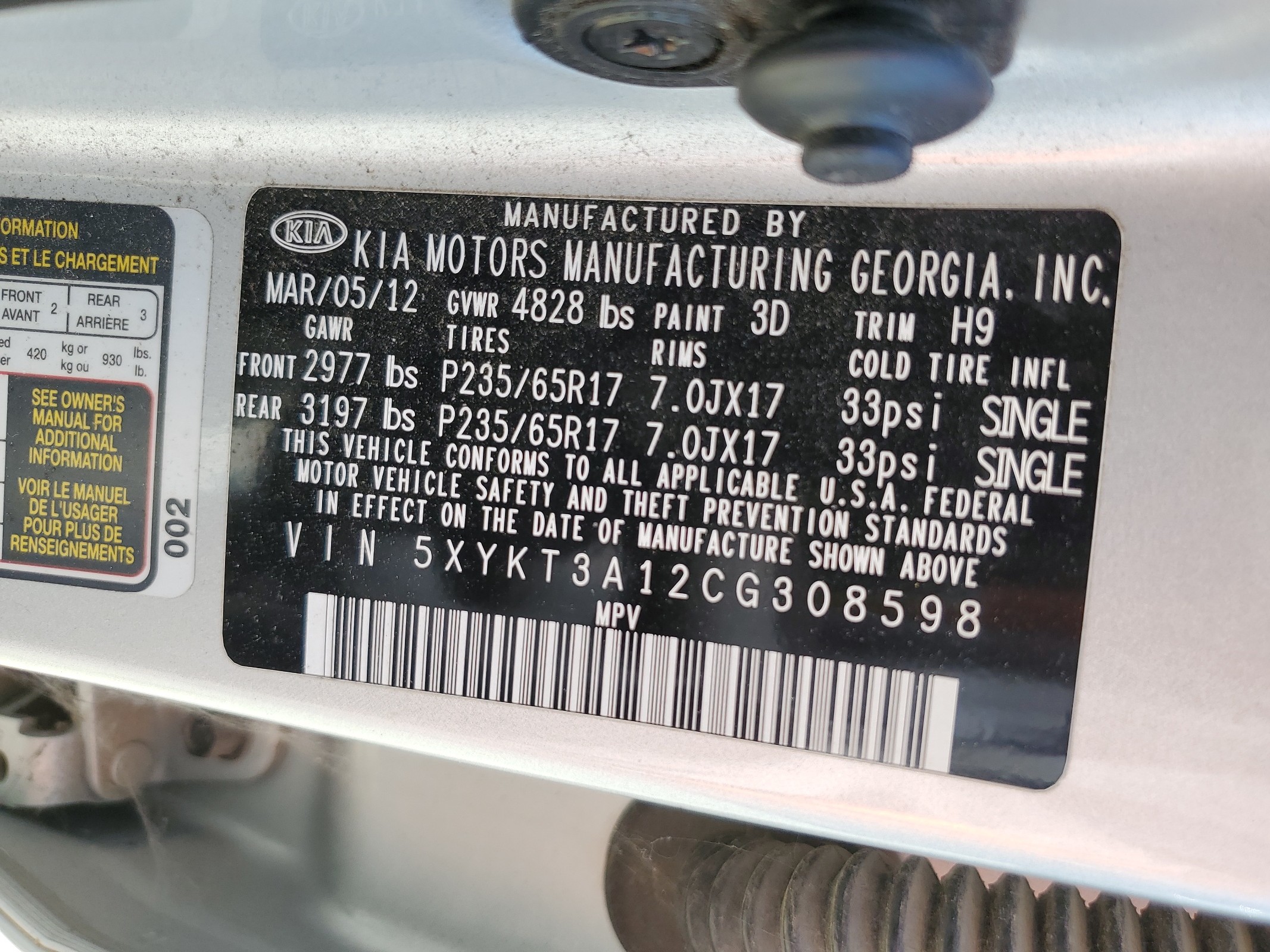 5XYKT3A12CG308598 2012 Kia Sorento Base