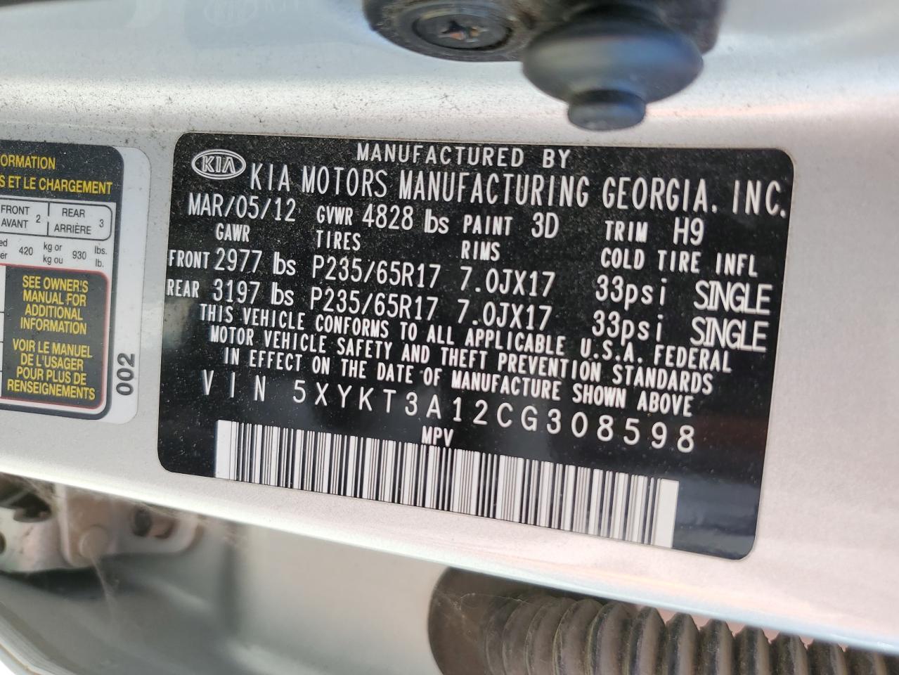 2012 Kia Sorento Base VIN: 5XYKT3A12CG308598 Lot: 60763414