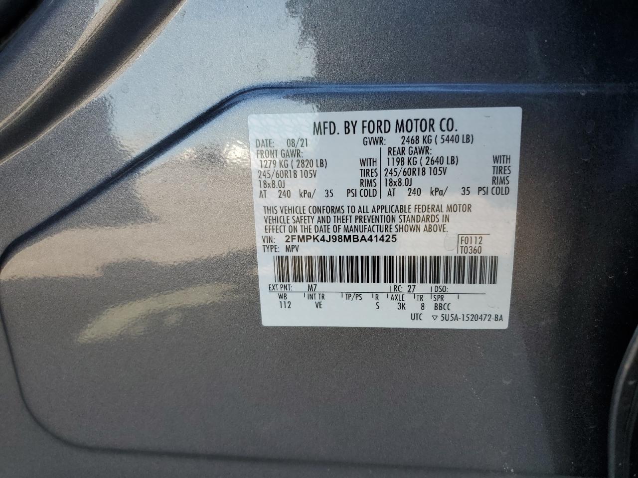 2021 Ford Edge Sel VIN: 2FMPK4J98MBA41425 Lot: 58049434