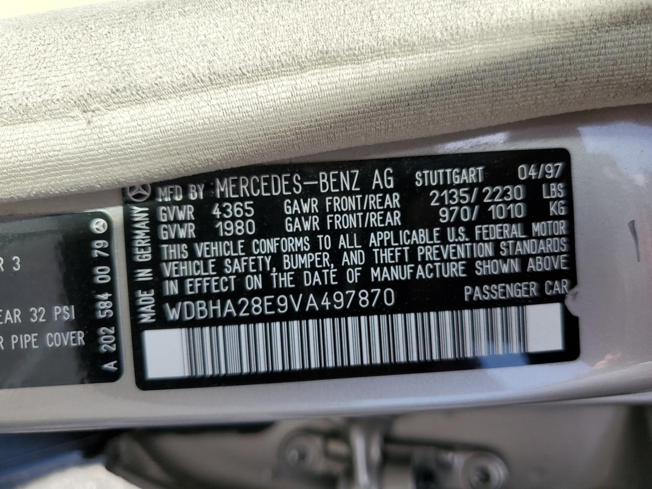 1997 Mercedes-Benz C 280 VIN: WDBHA28E9VA497870 Lot: 59521644