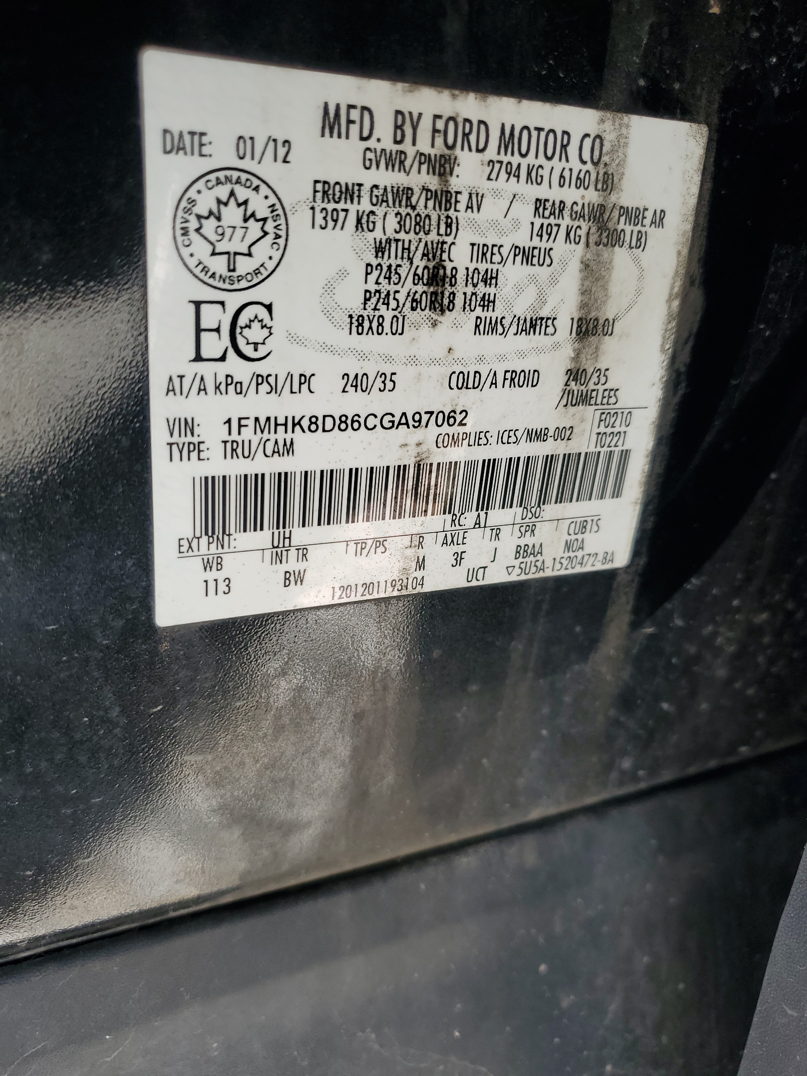 1FMHK8D86CGA97062 2012 Ford Explorer Xlt