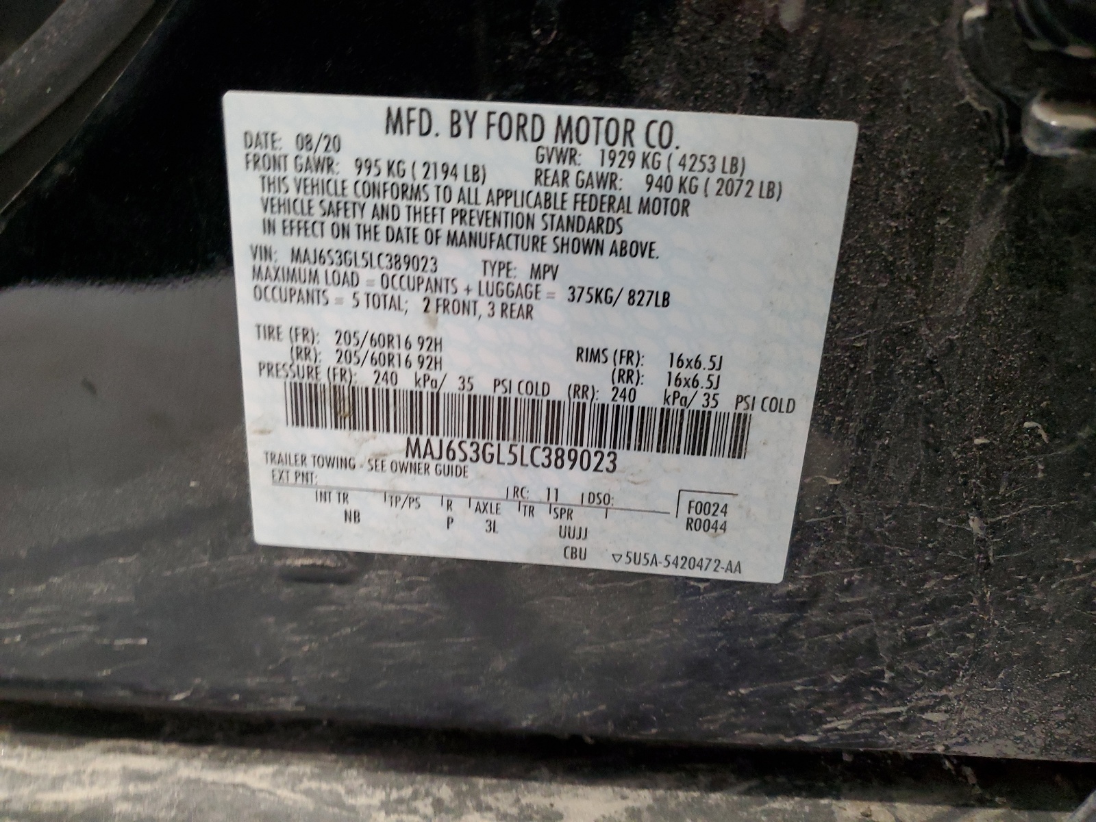 MAJ6S3GL5LC389023 2020 Ford Ecosport Se