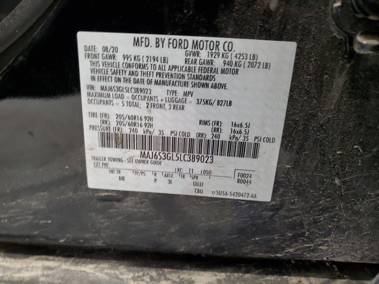 2020 Ford Ecosport Se VIN: MAJ6S3GL5LC389023 Lot: 58954954