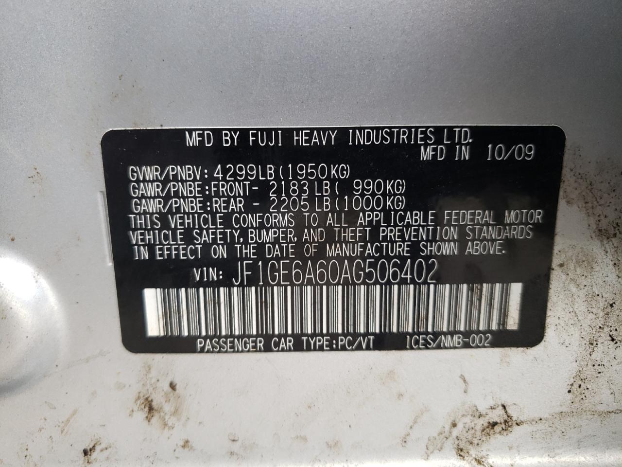 2010 Subaru Impreza 2.5I VIN: JF1GE6A60AG506402 Lot: 59500414